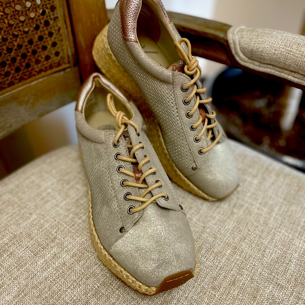 OTBT Meridian Platform Leather Sneakers, Metallic Silver Perforated Espadrilles